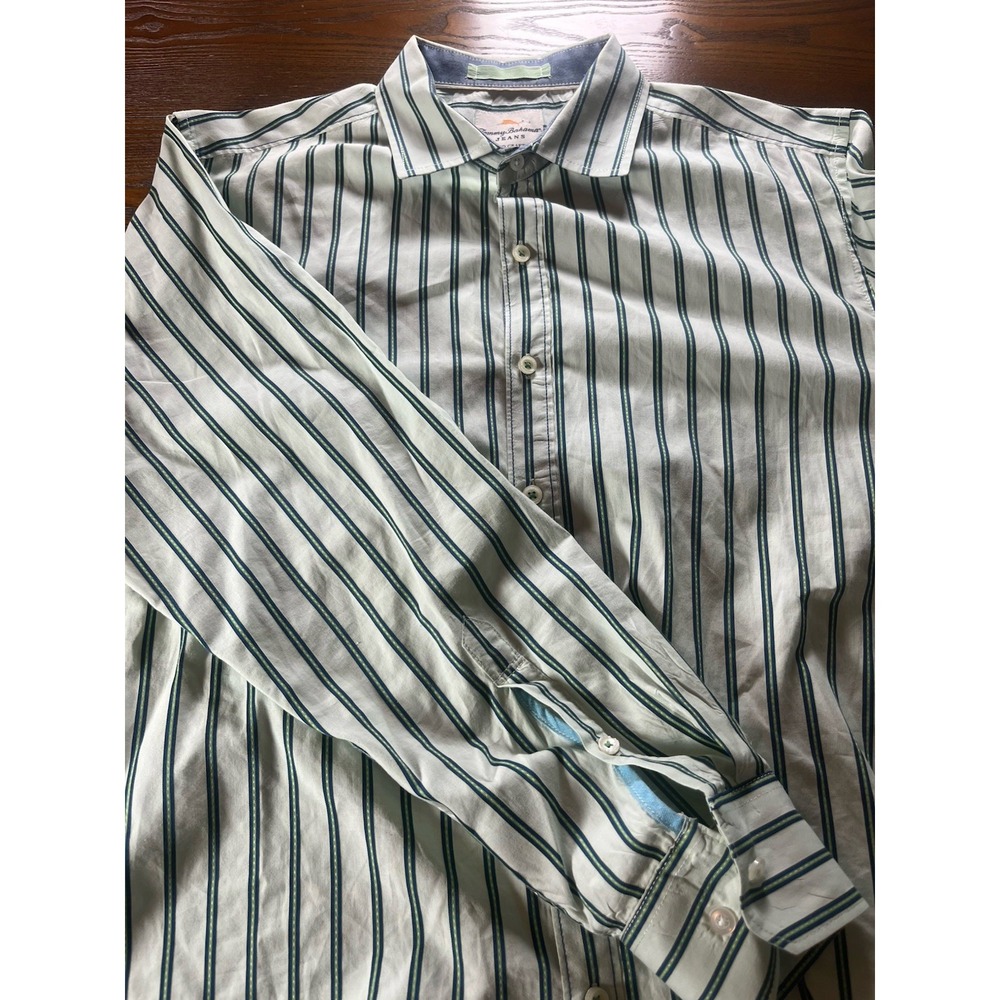 Tommy Bahama Island Modern Fit Striped Long Sleeve Green Dress Mens Shirt L